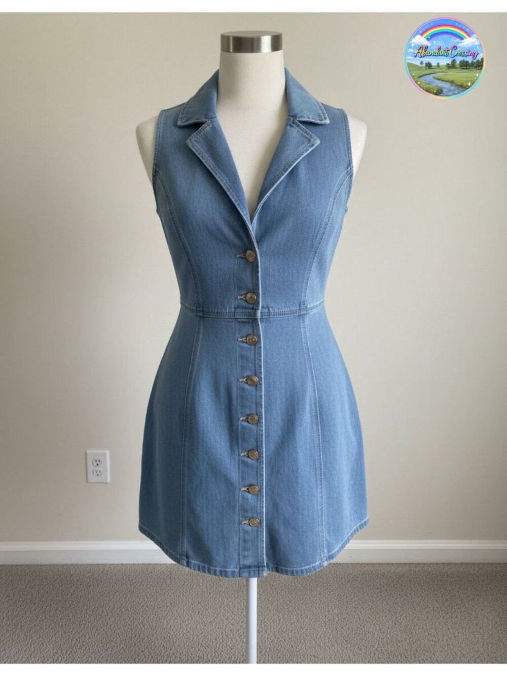 Cotton Denim Mini Dress Sleeveless Button Down A-Line Jean Dress